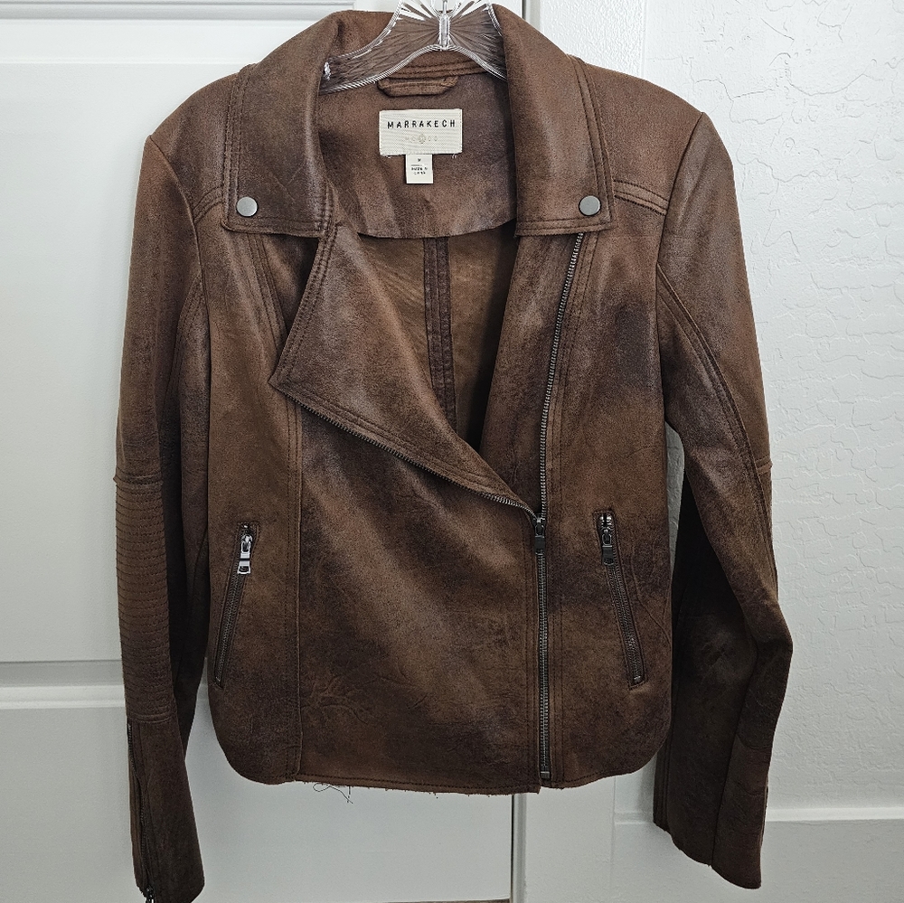 Marrakech Women's Faux Suede Brown Moto jacket. Asymmetrical zip. Size small.